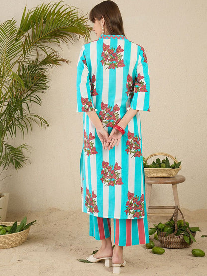 Floral Screen Printed V-Neck Pure Cotton Straight Kurta With Trousers