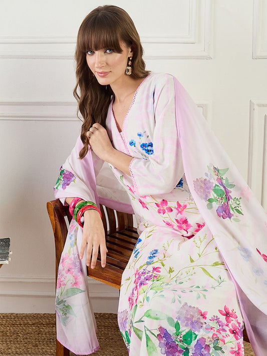 Women Floral Printed Regular Linen Kurta & Trousers With Floral Dupatta