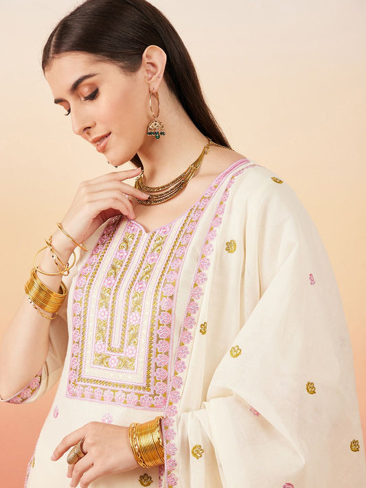 Dhiyona SN Women's Floral Embroidered Pure Cotton Straight Kurta With Palazzo & Dupatta