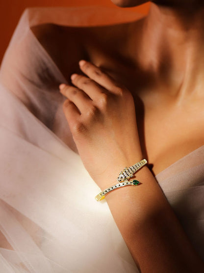 Dhiyona RJ Women's 22K Gold Plated Demi Fine Panther Bracelet with Green Black & White Cubic Zirconia