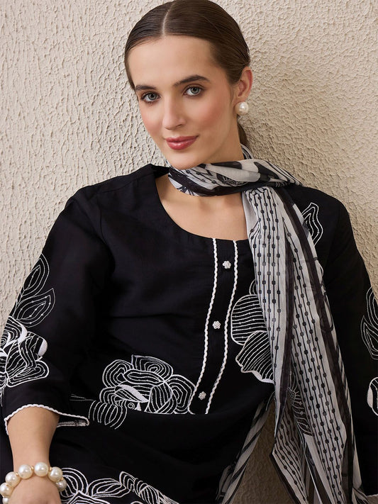 Dhiyona IE Floral Embroidered Round Neck Sequinned Linen Kurta With Trousers & Dupatta
