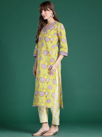Dhiyona IE Floral Printed Pure Cotton Kurta with Trousers & Dupatta