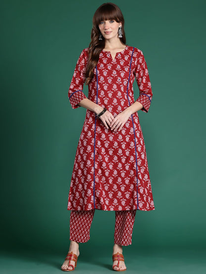 Dhiyona IE Paisley Printed Mirror Work Pure Cotton Kurta with Trousers
