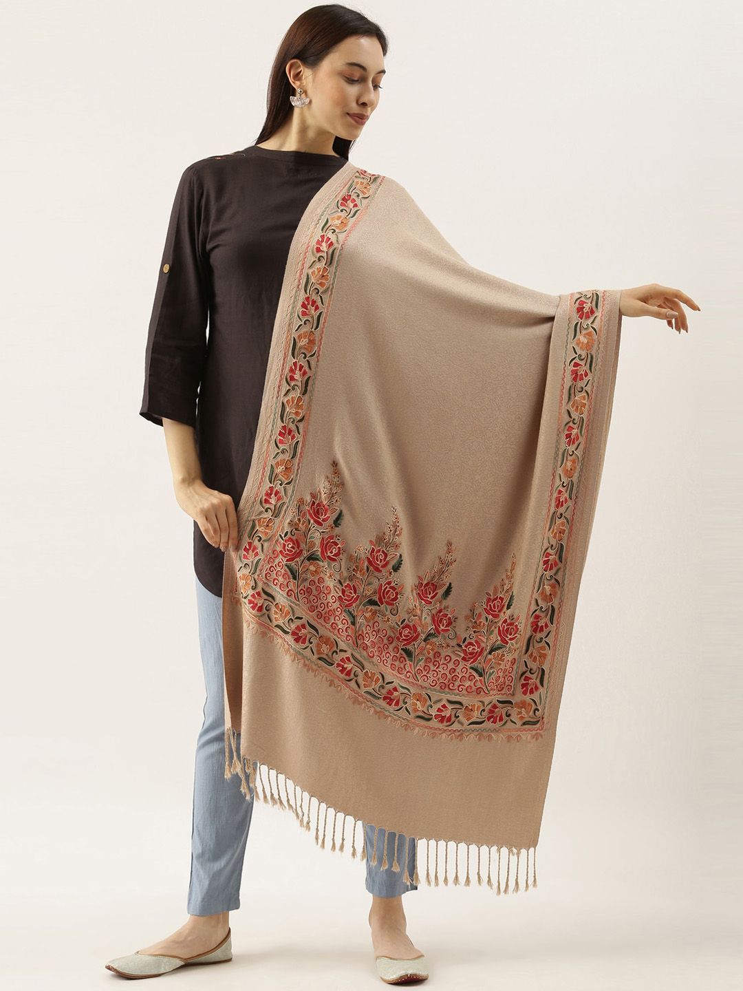 Dhiyona PA Women Beige & Multicolored Embroidered Shawl