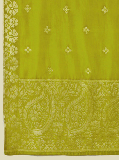 Dhiyona SO Women's Green Floral Printed Beads and Stones Kurta With Trousers & Dupatta