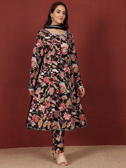 Dhiyona VA Women'sFloral Printed Thread Work Pure Cotton Kurta With Trousers & Dupatta