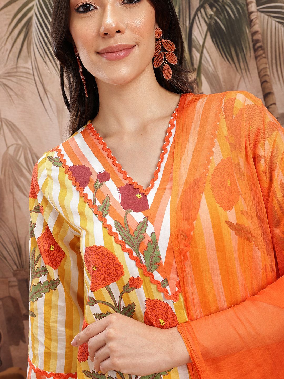 Dhiyona SN Women's Floral Striped Pure Cotton Kurta with Palazzos & Dupatta