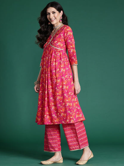 Dhiyona IE Women Floral Printed Regular Pure Cotton Kurta with Palazzos & With Dupatta