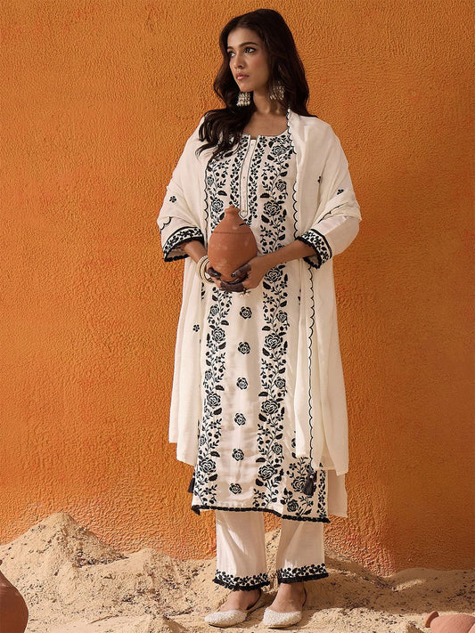 Dhiyona IE White Floral Embroidered Straight Kurta with Trousers & Dupatta