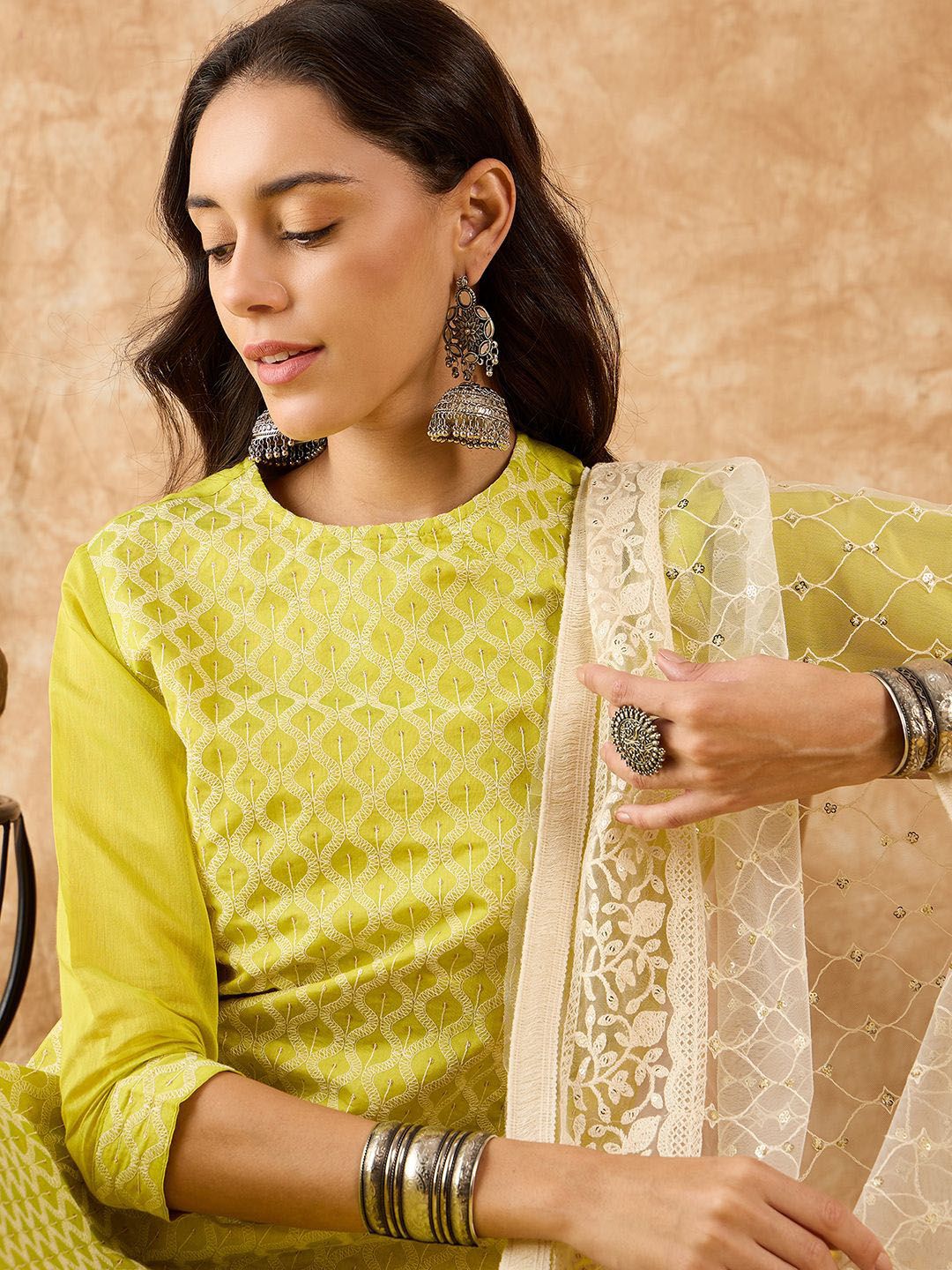 Dhiyona IE Embroidered Straight Sequinned Chanderi Cotton Kurta with Trousers & Dupatta