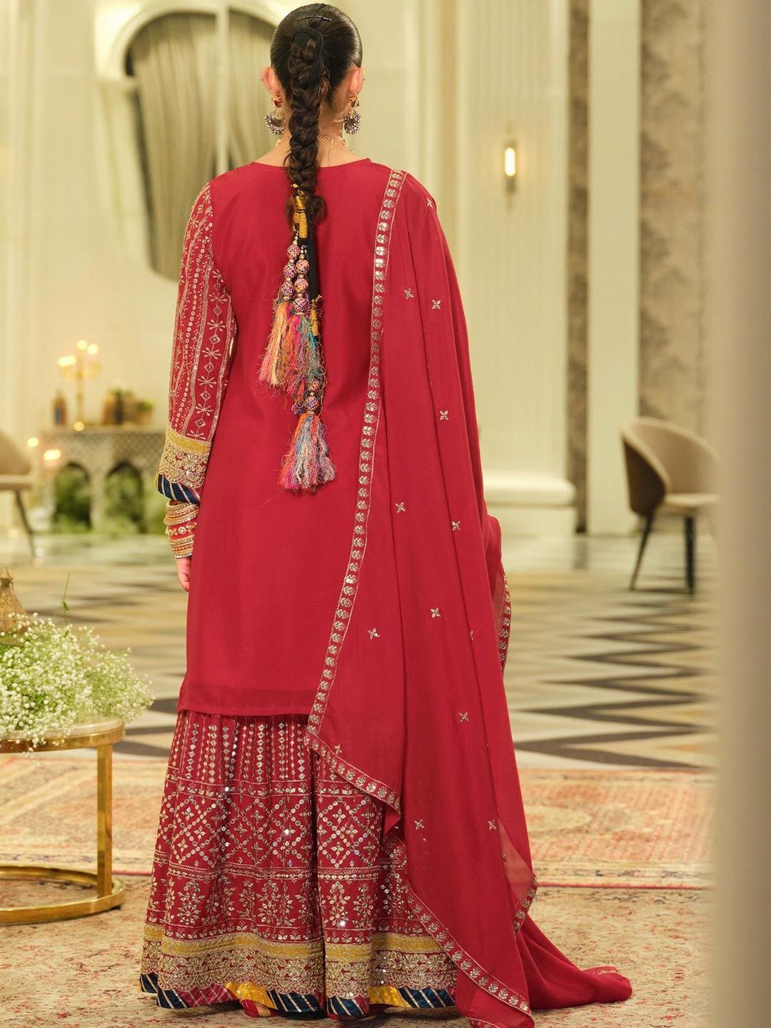 Dhiyona IE Ethnic Motifs Embroidered Straight Sequinned Kurta With Sharara & Dupatta