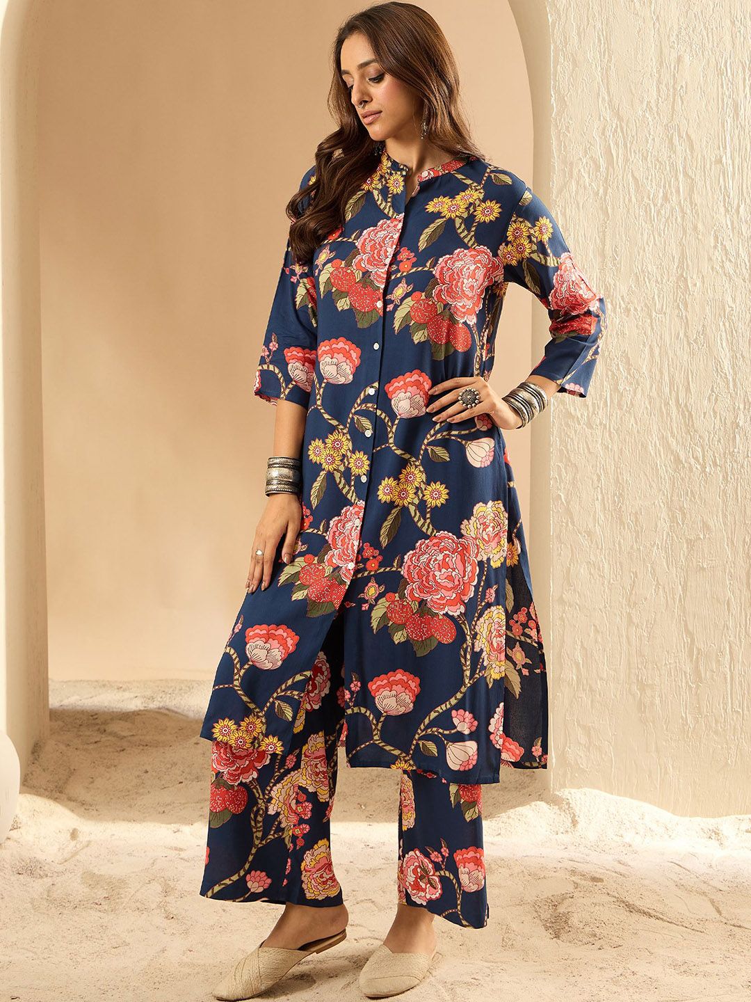 Dhiyona IE Floral Printed Three-Quarter Sleeves Tunic With Palazzos