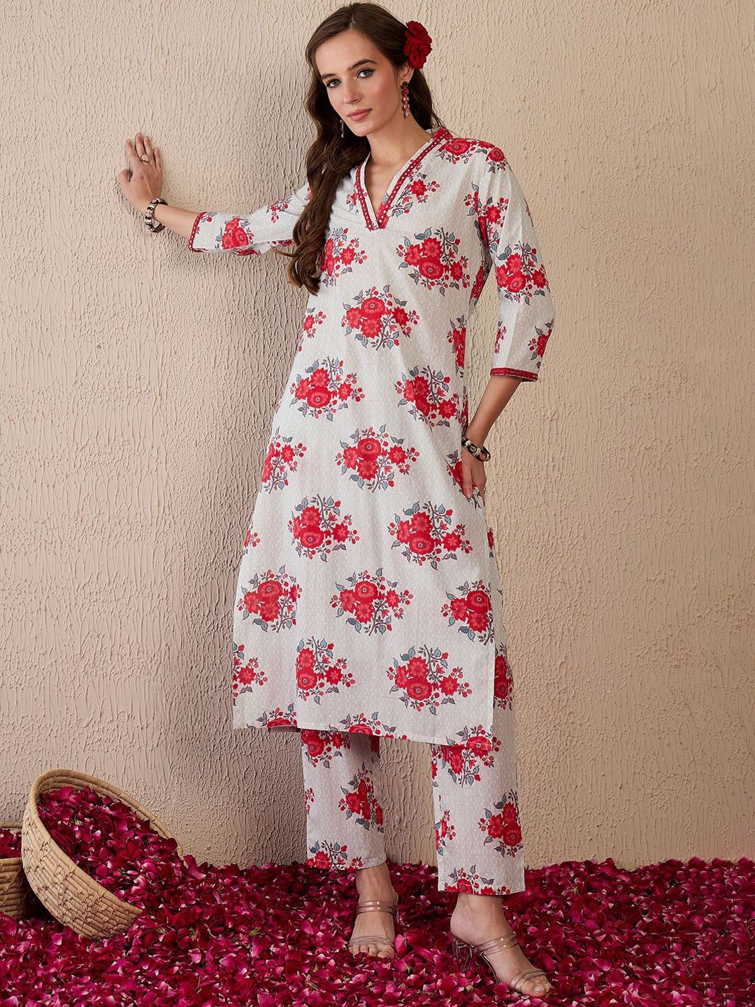 Dhiyona IE Women Floral Printed Regular Mirror Work Pure Cotton Kurta with Trousers