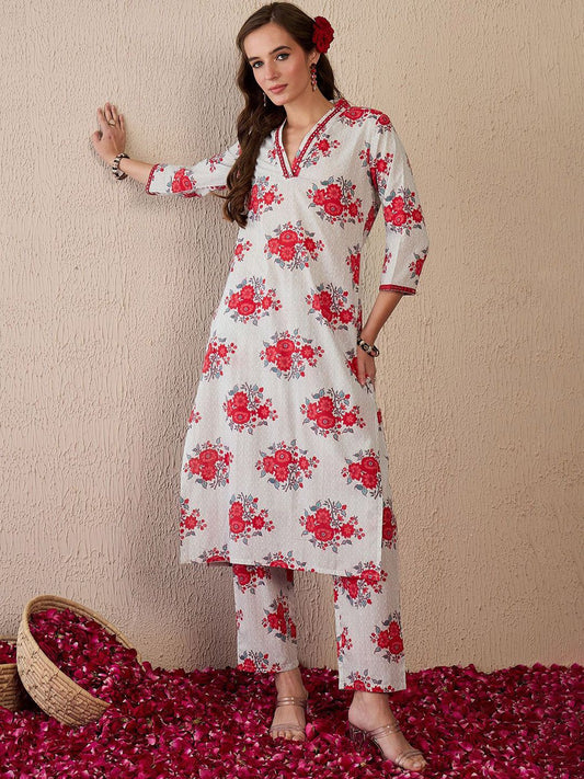 Dhiyona IE Women Floral Printed Regular Mirror Work Pure Cotton Kurta with Trousers