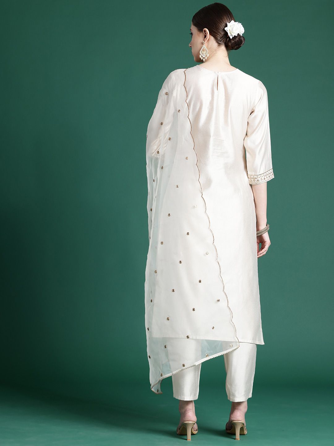 Ethnic Motifs Embroidered Panelled Liva Kurta With Trousers & Dupatta