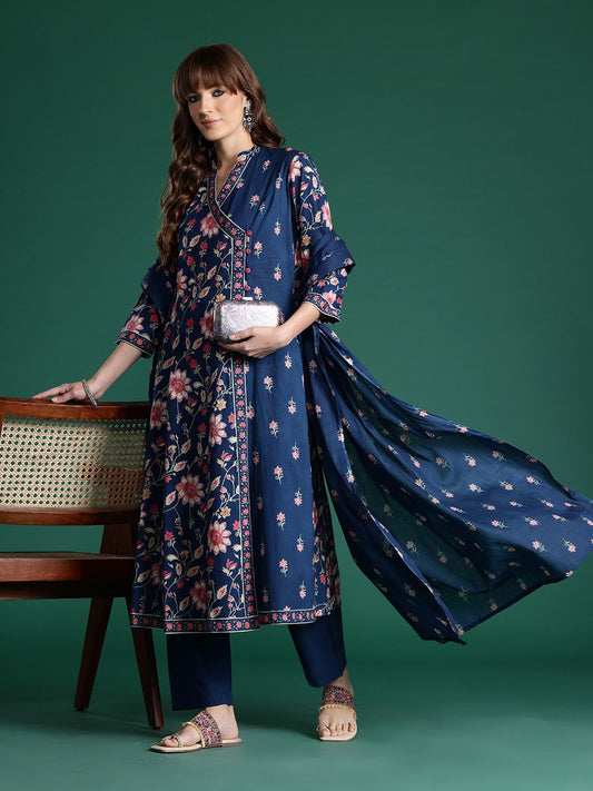 Dhiyona IE Floral Printed Angrakha Pure Cotton Kurta with Trousers & Dupatta