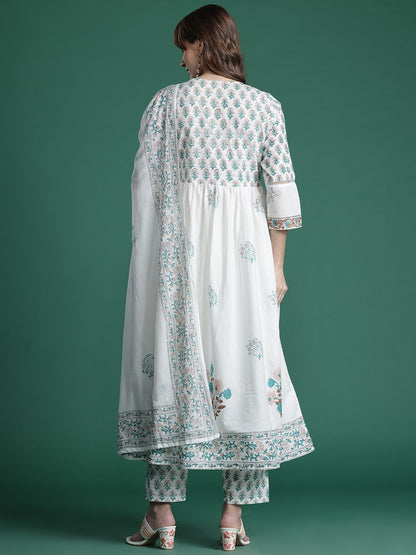 Floral Printed Empire Pure Cotton Kurta with Trousers & Dupatta