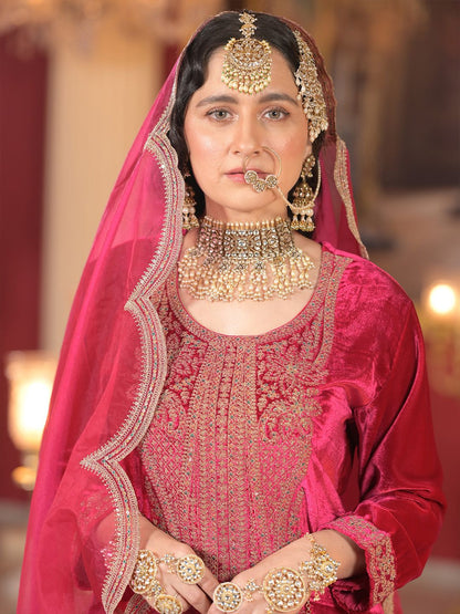 Ethnic Motifs Embroidered Sequinned Velvet Kurta With Trousers & Dupatta