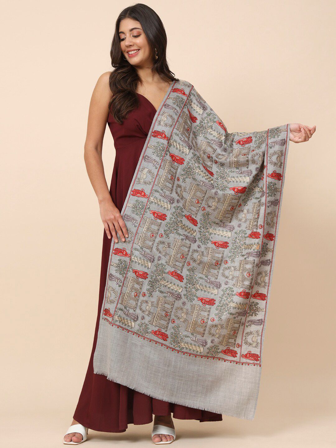 Dhiyona PA Ethnic Motifs Embroidered Woolen Shawl