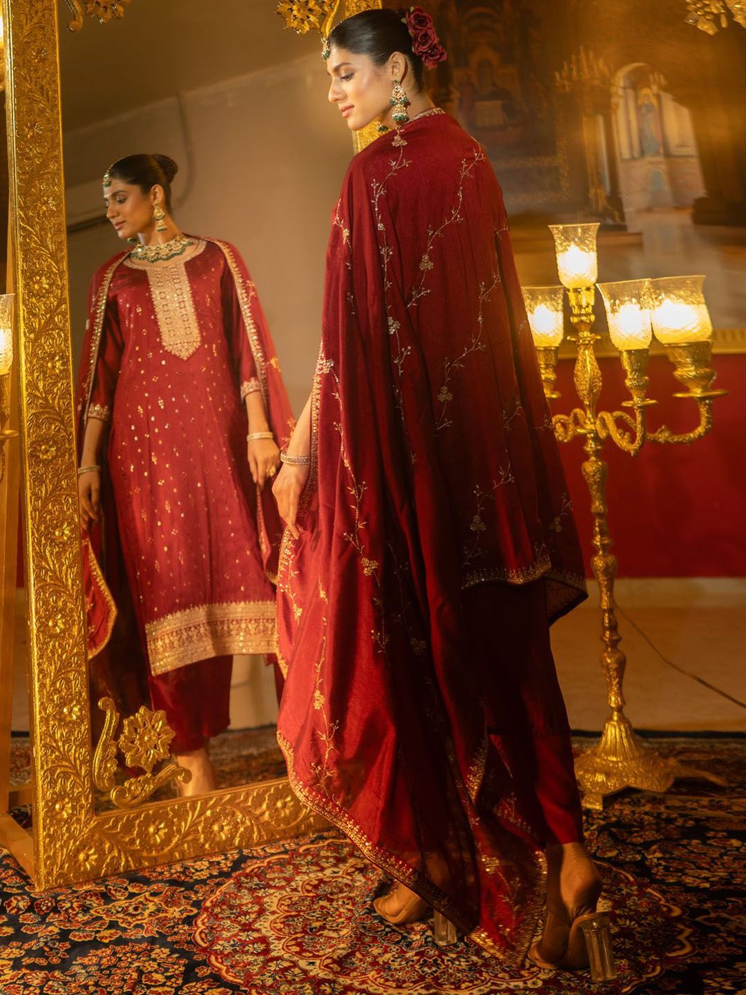 Women Floral Embroidered Sequinned Straight Kurta With Trousers & Dupatta