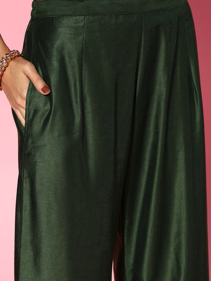 Green Silk Blend Calf Length Kurta Set