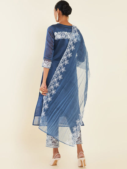 Dhiyona SO Women's Floral Embroidered Thread Work Chanderi Silk Kurta With Trousers & Dupatta