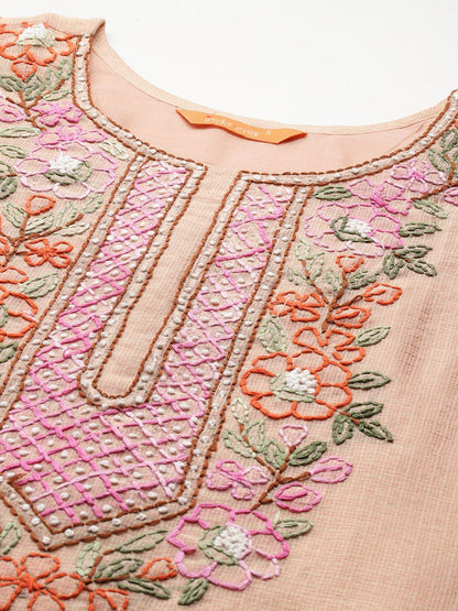 Dhiyona IE Women Floral Embroidered Thread Work Cotton Kurta with Trousers & With Dupatta