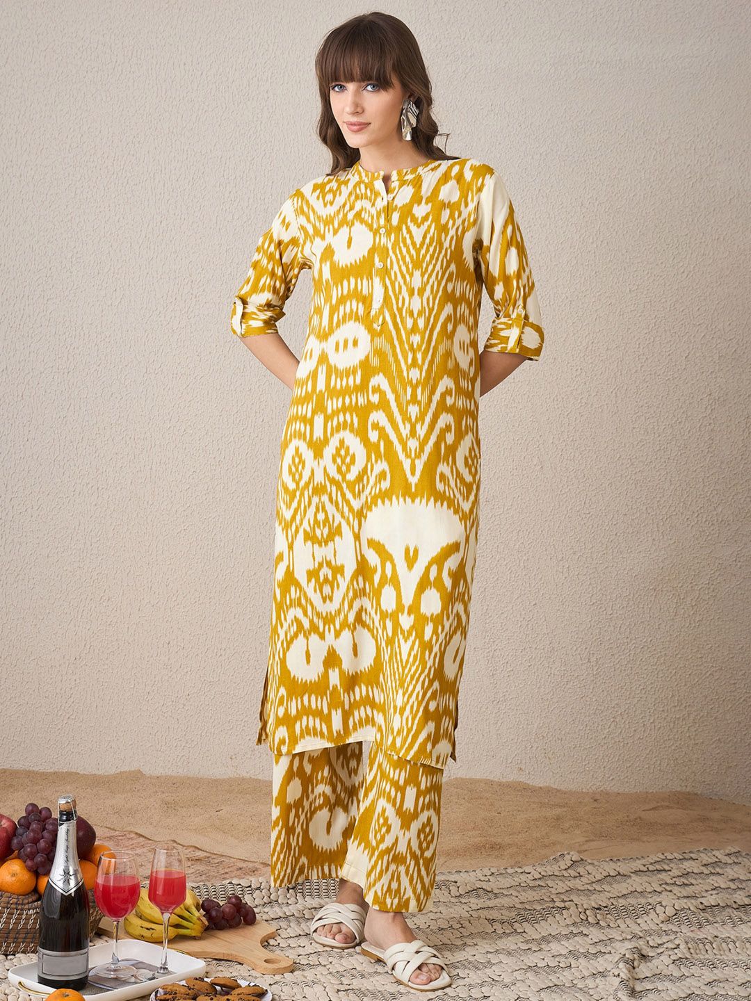 Dhiyona IE Ethnic Motifs Printed Mandarin Collar Straight Kurta With Palazzo