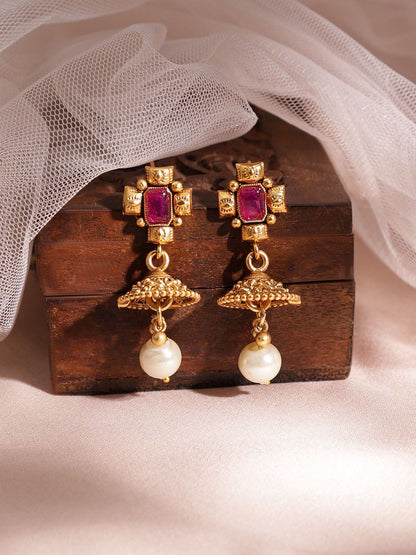 Dhiyona RJ Women's 22K Gold Plated Handcrafted Ruby Stone Studded and Gold Beaded Jewellery Set