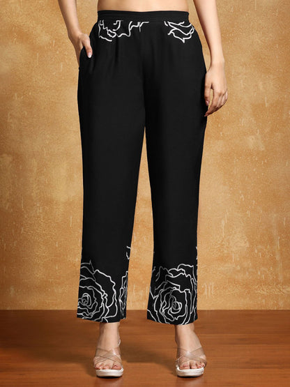 Dhiyona VA Women'sFloral Printed Mandarin Collar A-Line Pure Cotton Kurta With Trousers