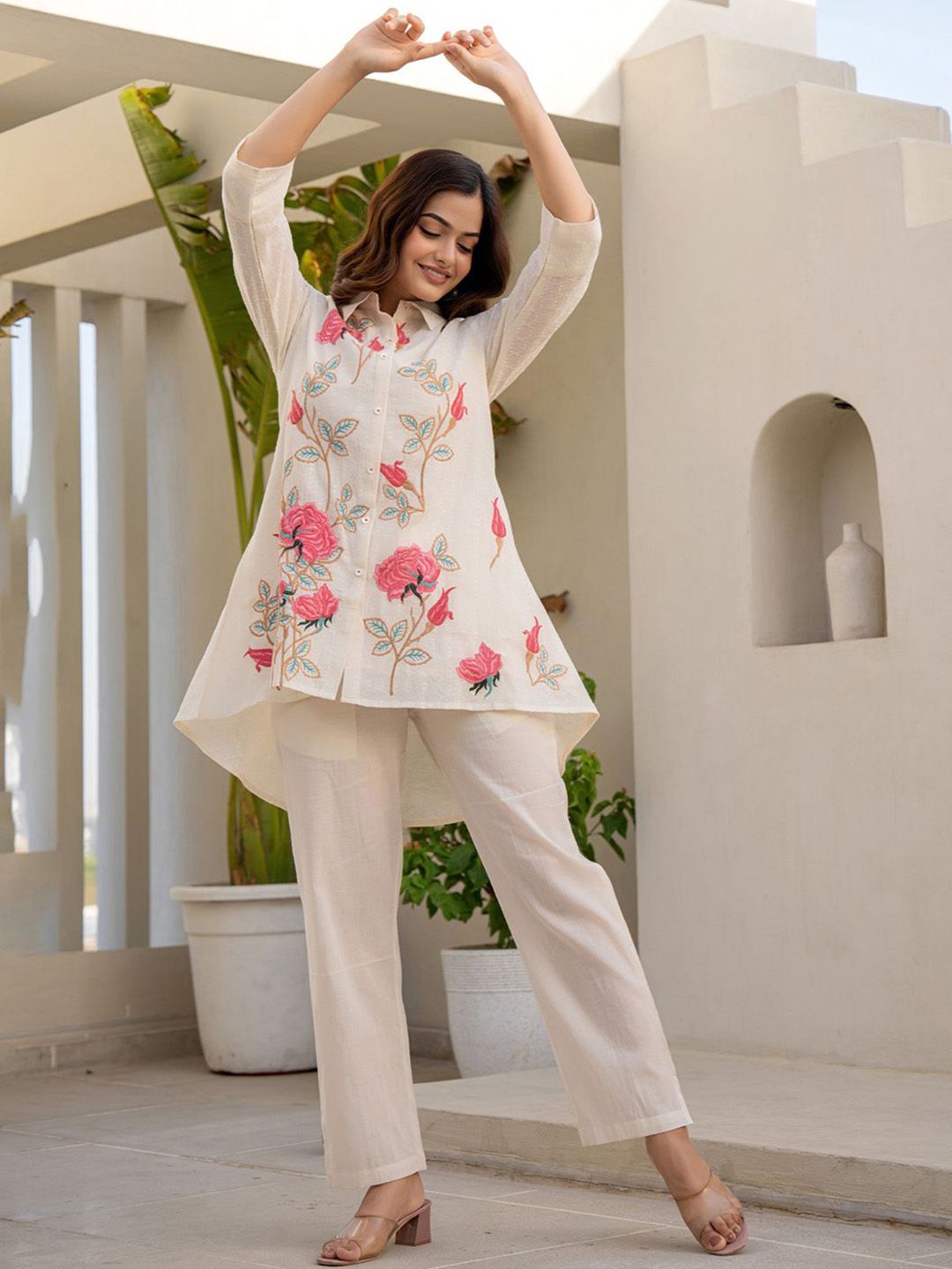 Dhiyona IE Floral Embroidered Thread Work Pure Cotton A-Line Kurta With Trousers