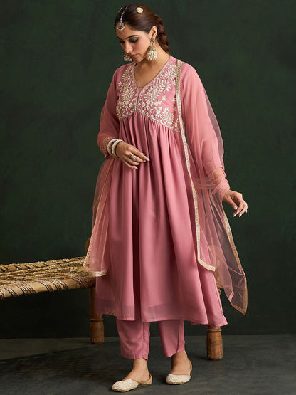 Mauve Paisley Embroidered V-Neck Georgette A-Line Kurta with Trousers & Dupatta