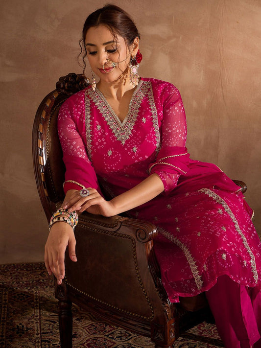 Dhiyona IE Floral Embroidered V-Neck Sequinned Cotton Straight Kurta With Trousers & Dupatta