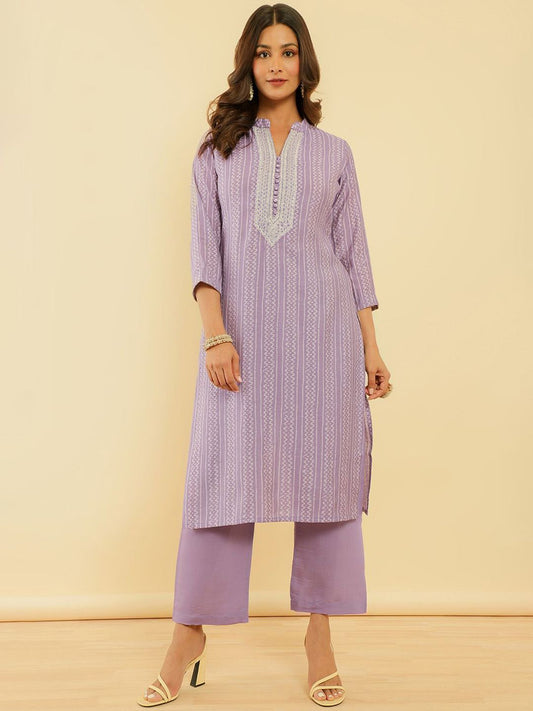 Dhiyona SO Women's Women Ethnic Motifs Printed Regular Thread Work Kurta with Trousers & With Dupatta