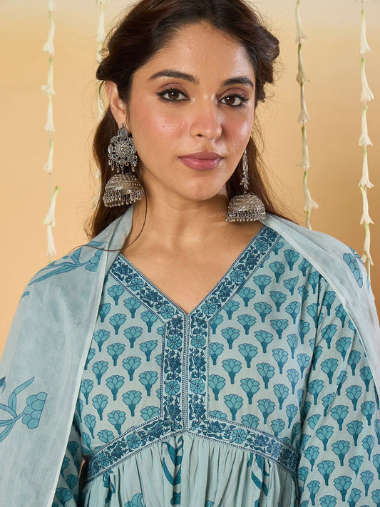 Women Floral Printed Empire Pure Cotton Kurta with Trousers & With Dupatta