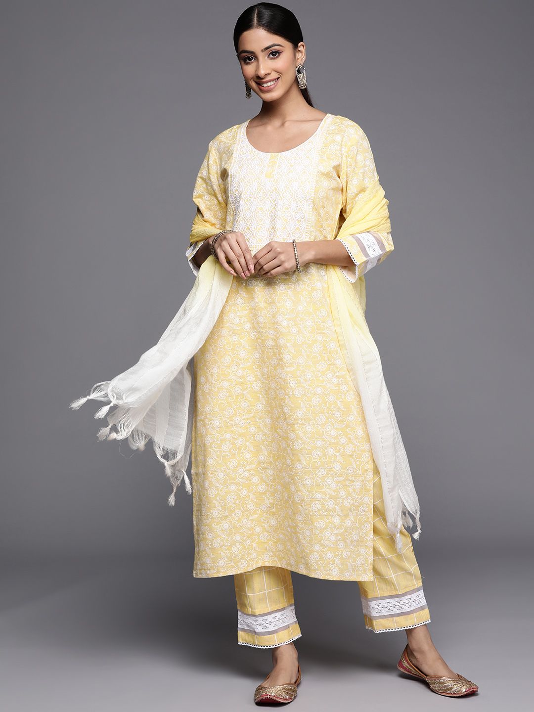 Women Yellow Embroidered Thread Work Kurta with Trousers & Dupatta