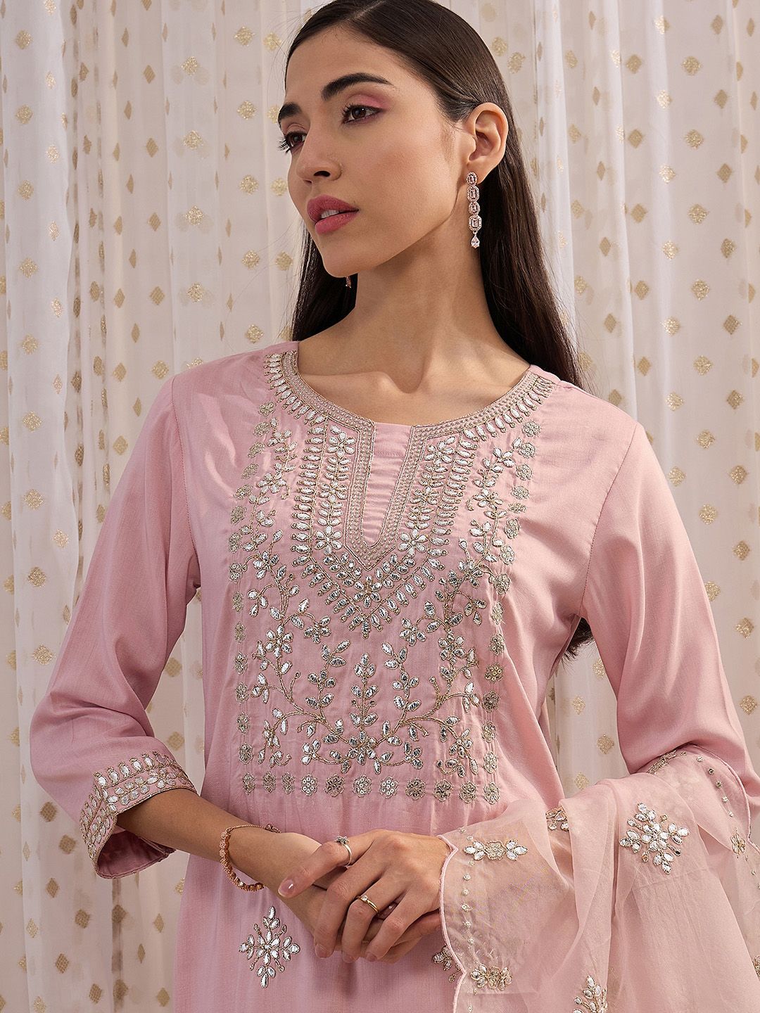 Pink Ethnic Motifs Embroidered Gotta Patti Kurta with Trousers & Dupatta