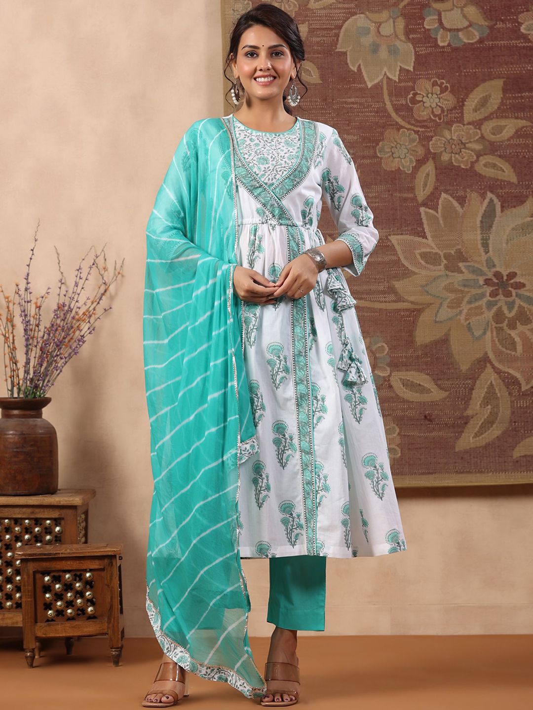 Dhiyona RR Women's Floral Printed Angrakha Pure Cotton Kurta with Trousers & With Dupatta