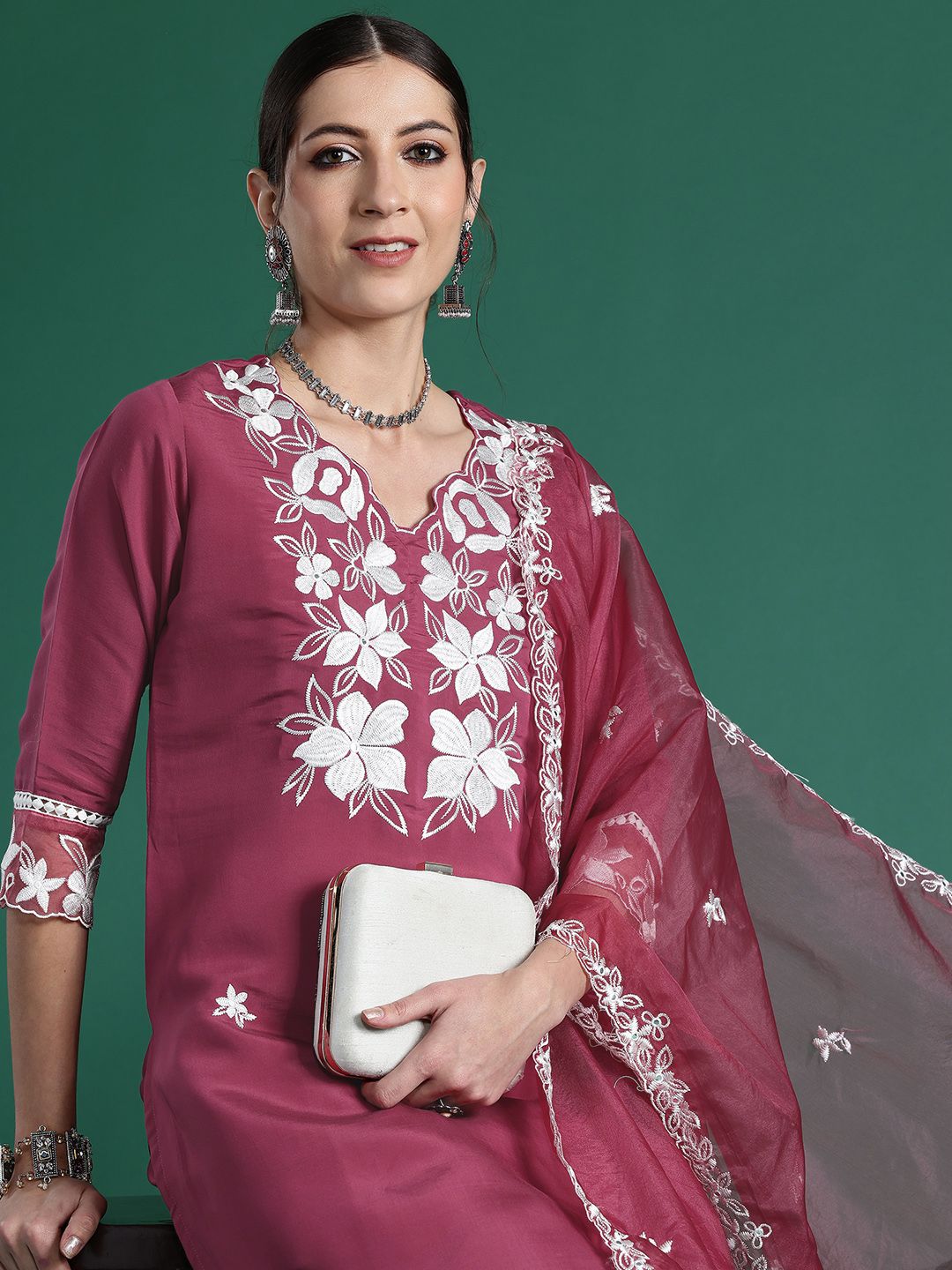 Dhiyona IE Floral Embroidered Thread Work Kurta with Trousers & Dupatta