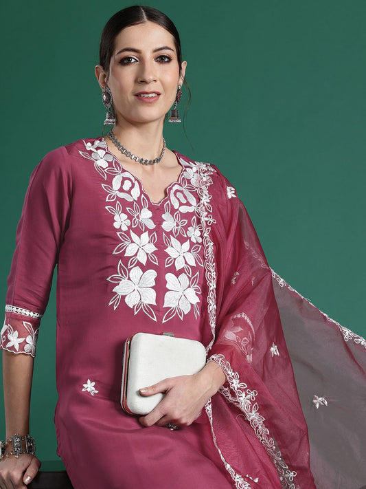 Dhiyona IE Floral Embroidered Thread Work Kurta with Trousers & Dupatta