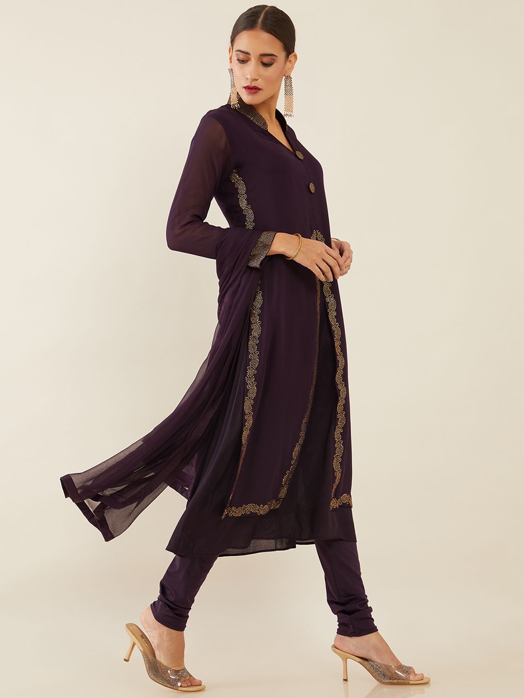 Dhiyona SO Women's Women Purple Embellished Layered Silk Georgette Kurta with Churidar & Dupatta