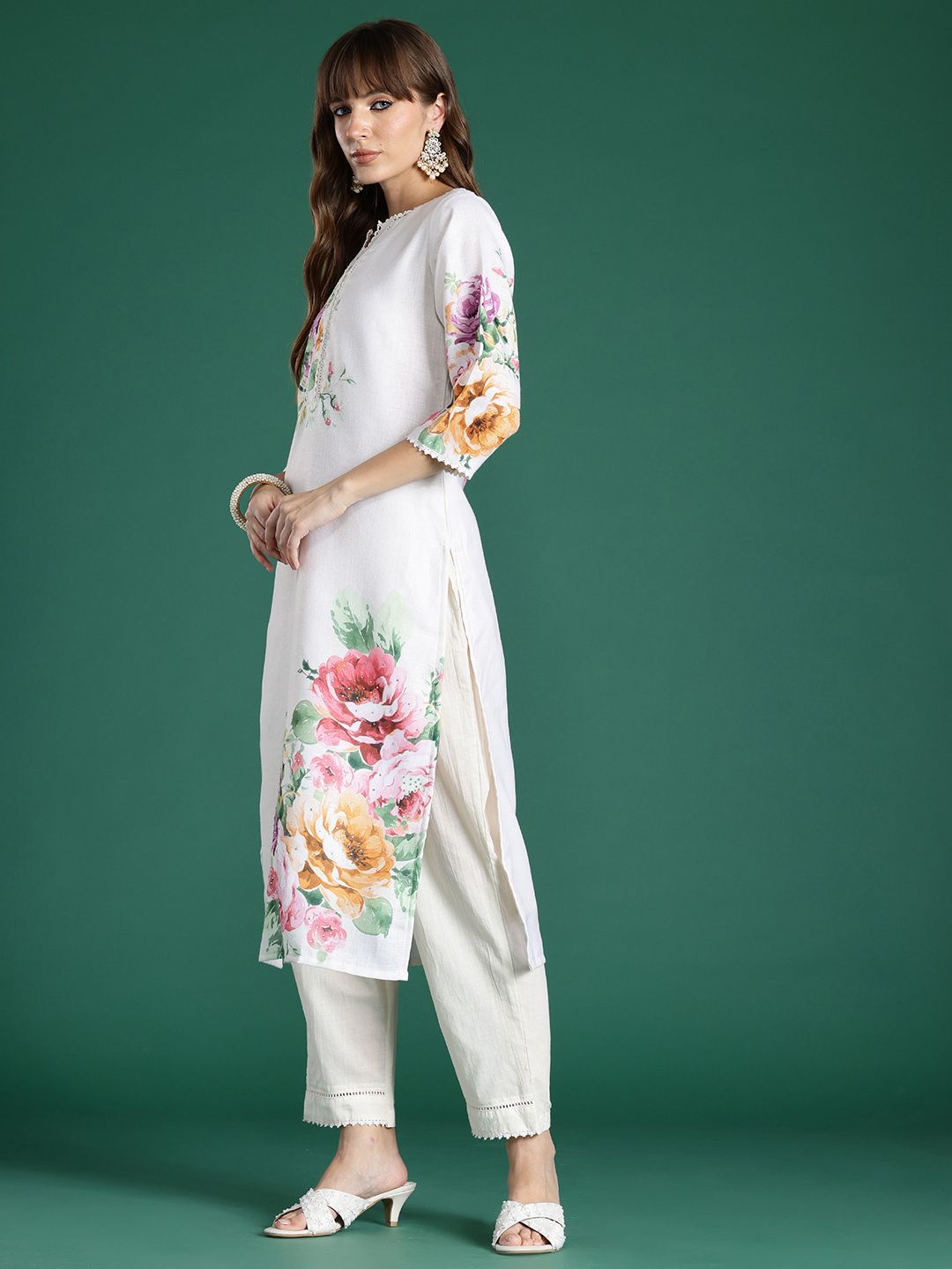 Floral Printed Beads and Stones Linen Kurta with Trousers & With Dupatta