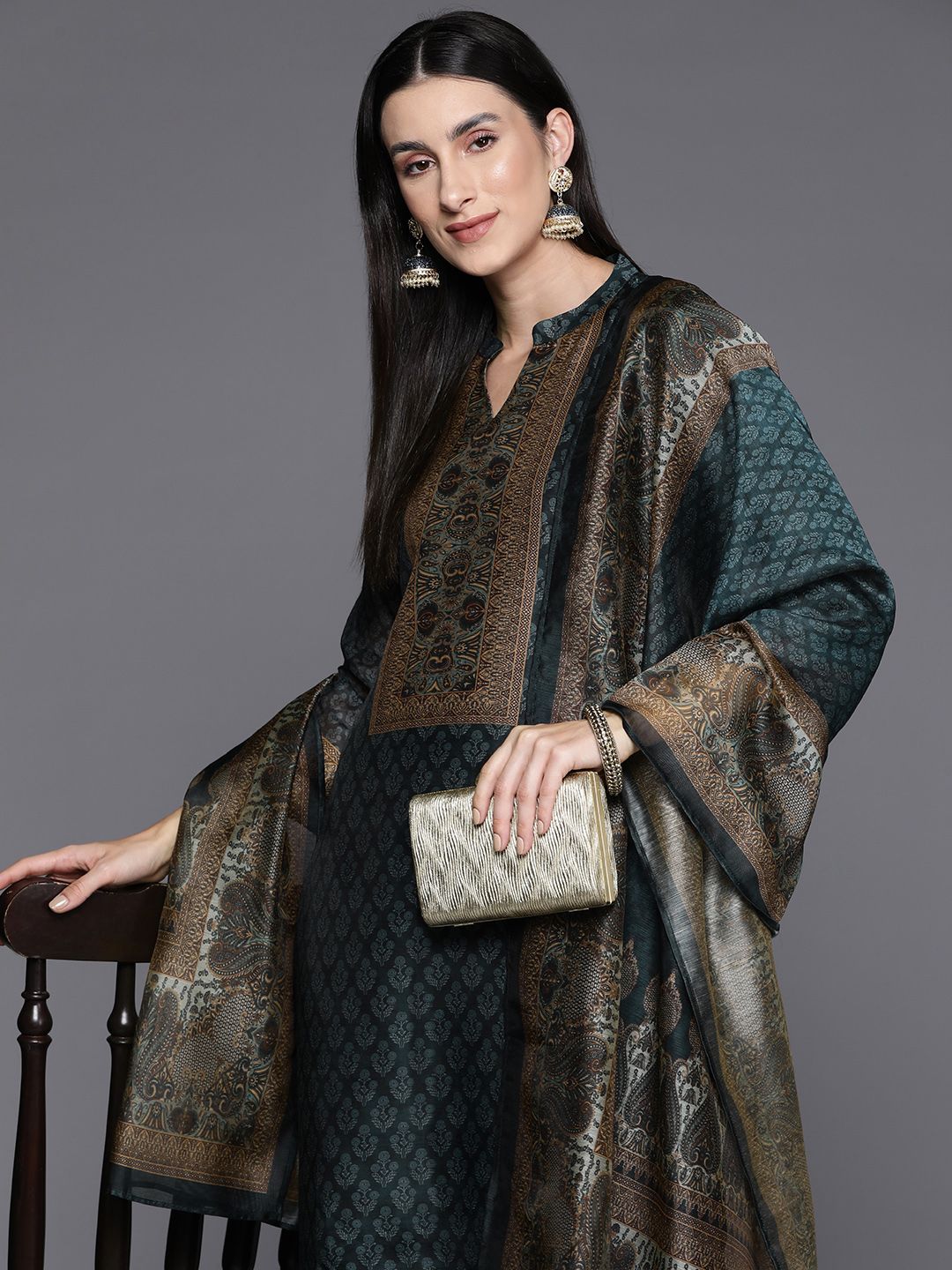Dhiyona VA Women'sEthnic Printed Chanderi Silk Kurta with Trouser and Dupatta