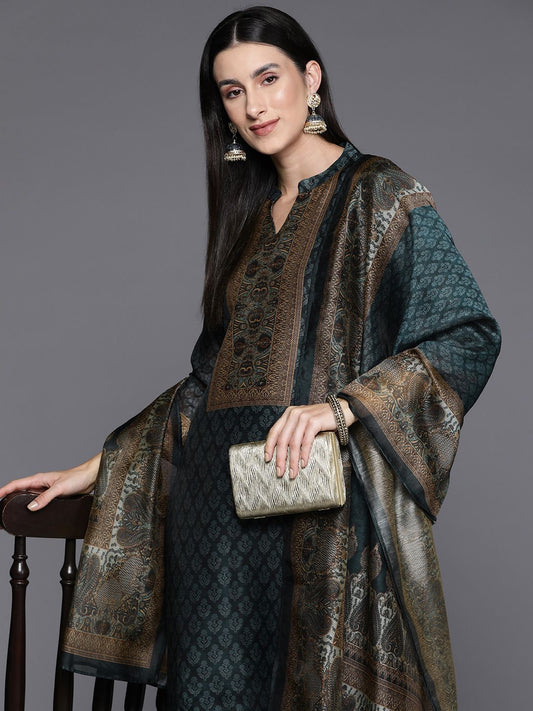 Dhiyona VA Women'sEthnic Printed Chanderi Silk Kurta with Trouser and Dupatta