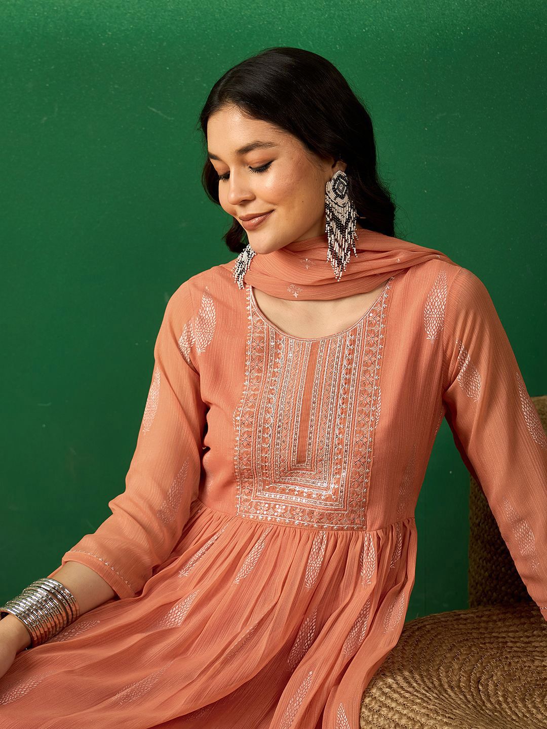 Dhiyona SN Women's Peach Floral Embroidered A-Line Kurta With Trouser & Dupatta