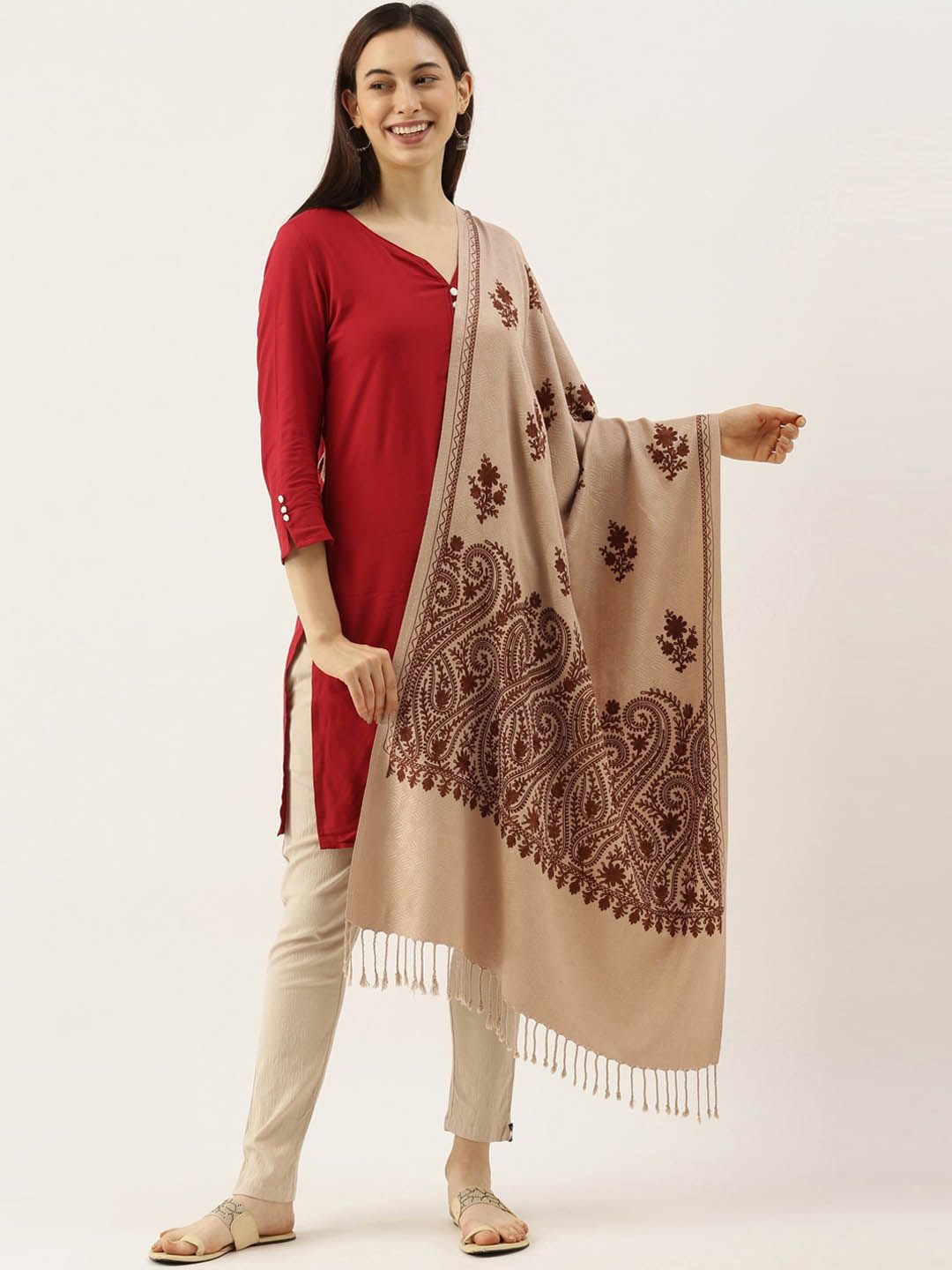 Dhiyona PA Women Beige & Brown Paisley Aari Embroidered Shawl