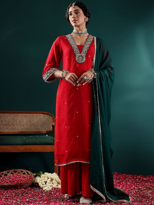 Dhiyona VA Women's Embroidered Regular Thread Work Kurta with Sharara & With Dupatta