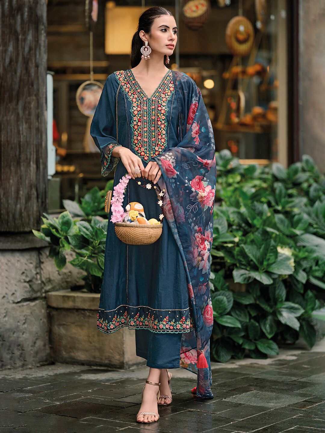 Dhiyona IE Floral Embroidered Panelled Thread Work A-Line Kurta With Trousers & Dupatta
