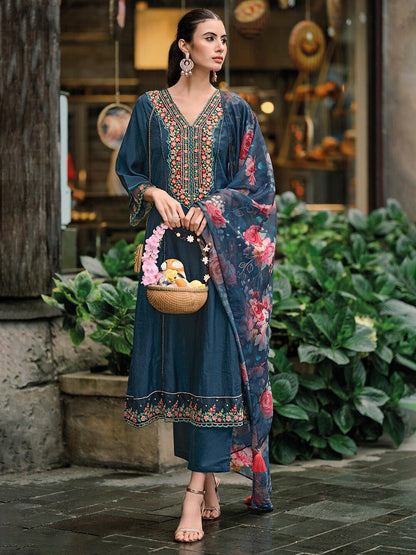 Dhiyona IE Floral Embroidered Panelled Thread Work A-Line Kurta With Trousers & Dupatta