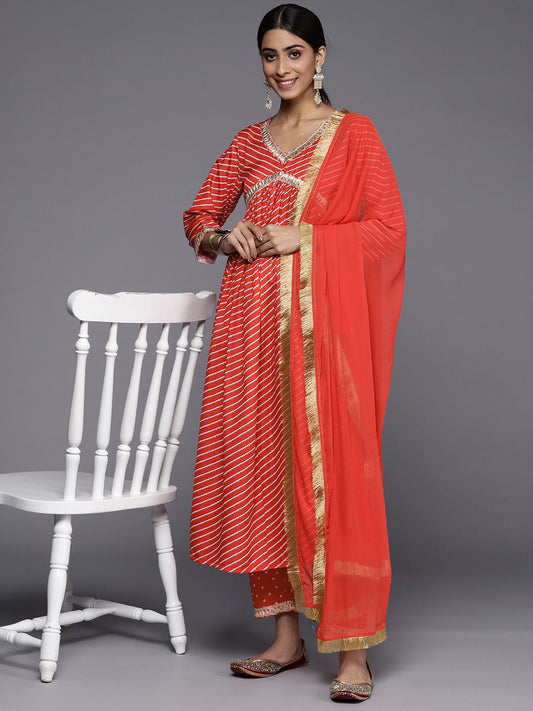 Dhiyona VA Women's Red Leheriya Embroidered Empire Kurta with Trousers & With Dupatta